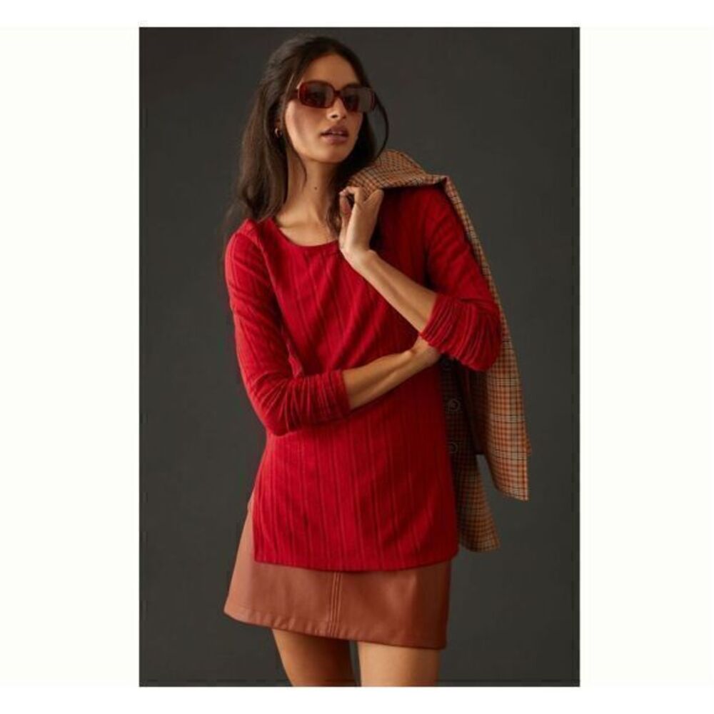 Anthropologie Womens Ribbed Side Slit Long Sleeve Top Super Soft Small Tunic New